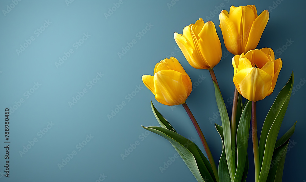 Vibrant yellow tulips on a blue background, perfect for product display and presentations. Vibrant yellow tulips on a blue background, perfect for product display and presentations.