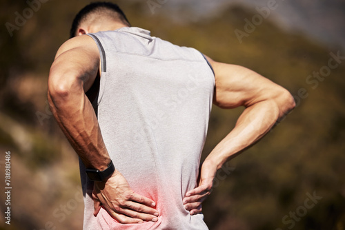 Man, runner and back pain in nature, ache and hurt outdoors on exercise or workout and accident. Male person, inflammation and fibromyalgia or sciatica issue, spine and strain while hiking or walk
