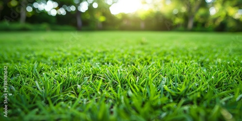 A close up of a green grass field with some trees in the background. Generative AI.