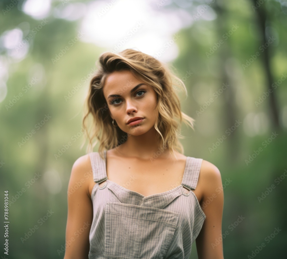 A woman with a serious look on her face in the woods. Generative AI. A woman with a serious look on her face in the woods. Generative AI.