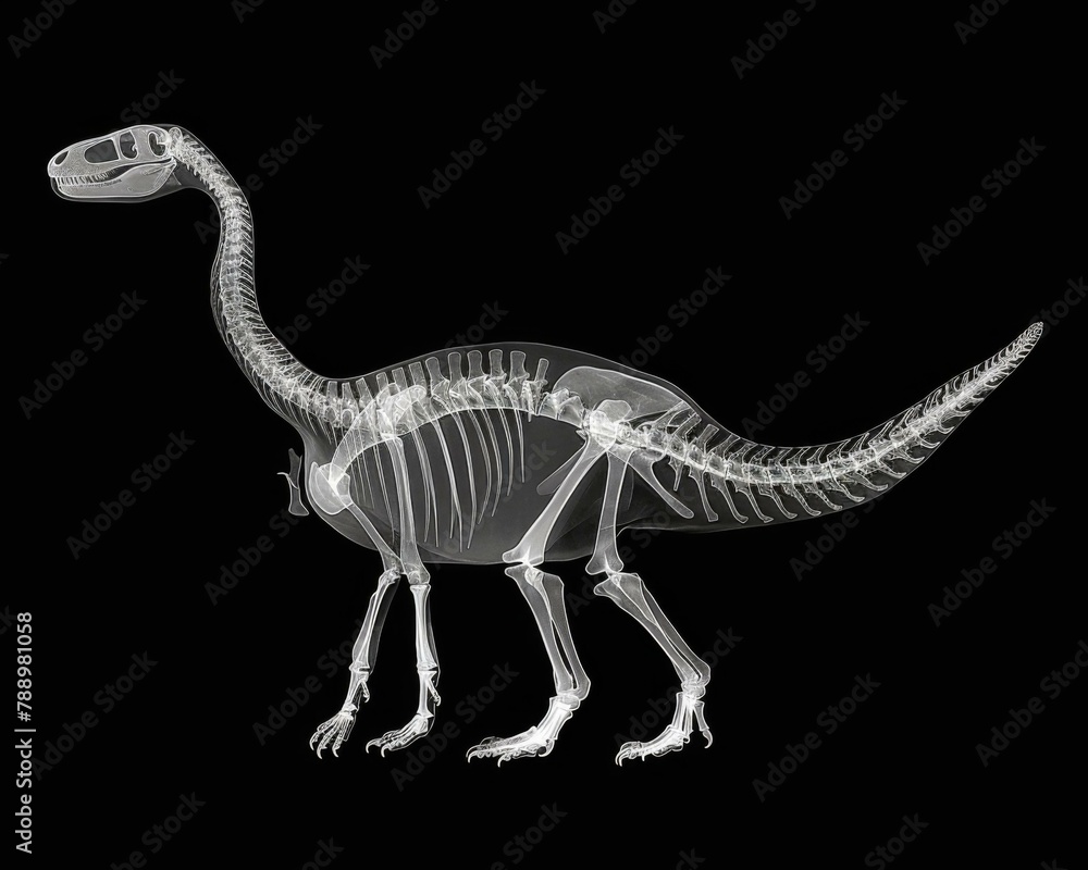 A skeleton of a dinosaur is shown on black background. Generative AI.