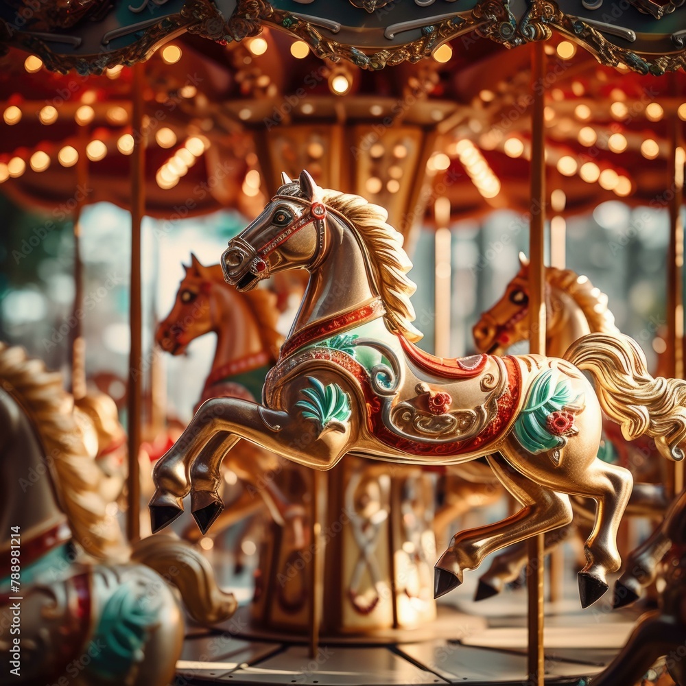 A merry go round with a horse on it and lights. Generative AI.