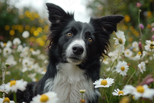 A black and white dog sitting in a field of flowers. Generative AI.