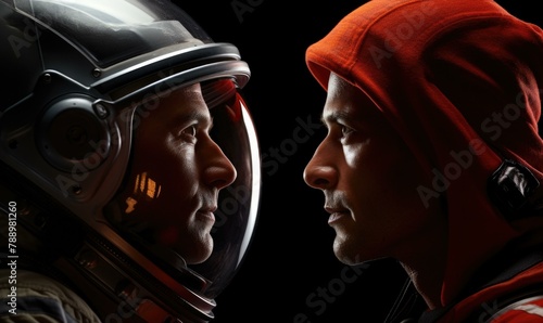 Two men in space suits looking at each other. Generative AI.