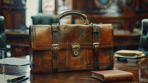 A leather briefcase sits on a desk with a book and a pen photo