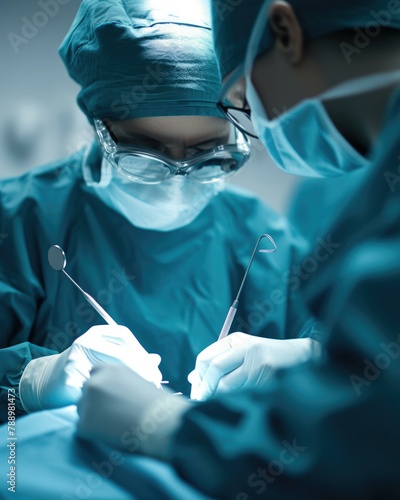 Two surgeons in blue scrubs performing surgery on a patient. Generative AI.