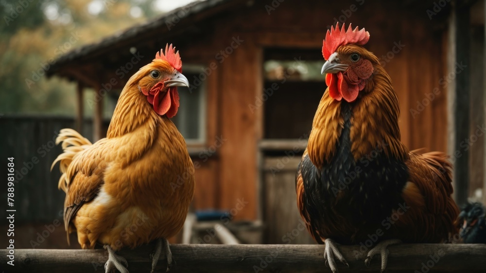 Fototapeta premium Two chickens are standing on a wooden fence near the house. Generative AI.