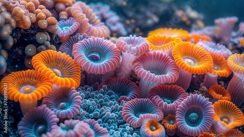 Close-up of a coral reef with sea anemones of vivid colors. Reef ecosystem
