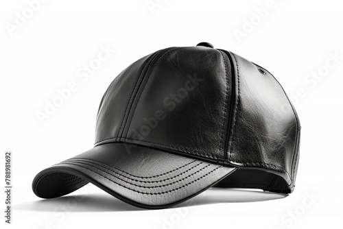 a realistic black leather baseball cap with fine stitching detail on a white background