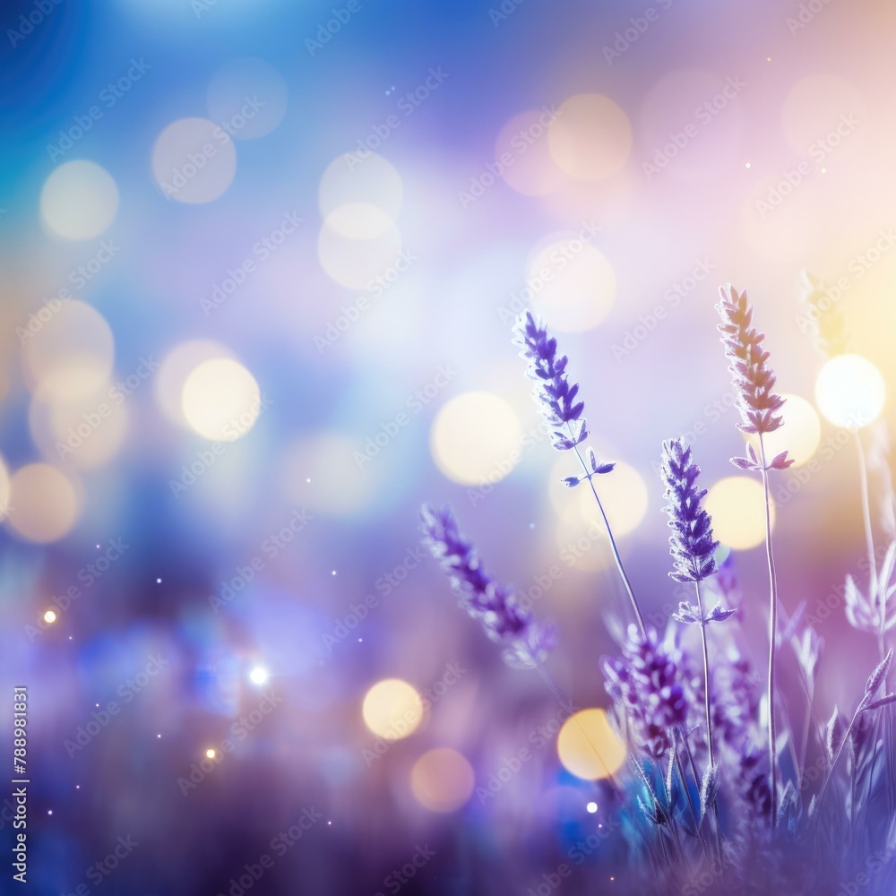 Naklejka premium A close up of lavender flowers in a field with bokeh lights. Generative AI.