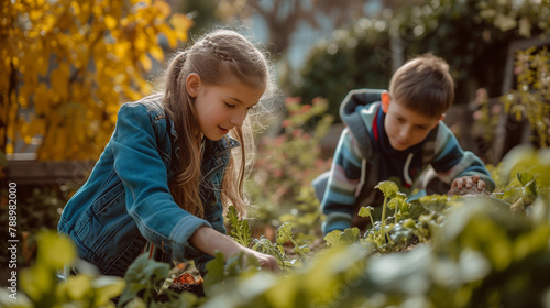 Young smiling girl working at garden and digging out fresh green lettuce, garden expert is teaching group of teenage student.