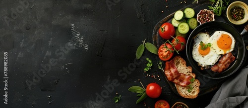 Breakfast arrangement featuring a pan of fried eggs with bacon, along with fresh tomato, cucumber, sage, and bread on a dark serving board against a black background,