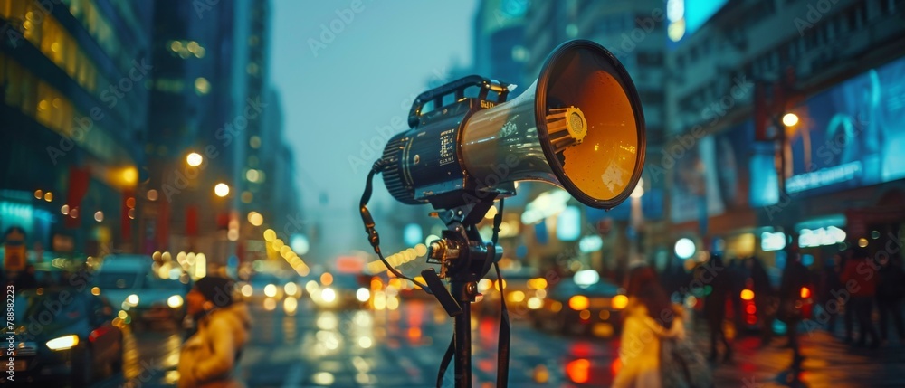 A megaphone is on a street in the city at night. Generative AI. A megaphone is on a street in the city at night. Generative AI.