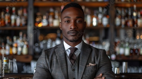Suave Black Gentleman Poses in Bar in Stylish Attire
