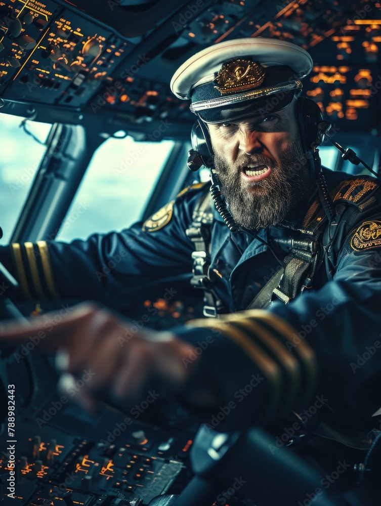 A man in a pilot's uniform sitting at the controls of an airplane. Generative AI. A man in a pilot's uniform sitting at the controls of an airplane. Generative AI.