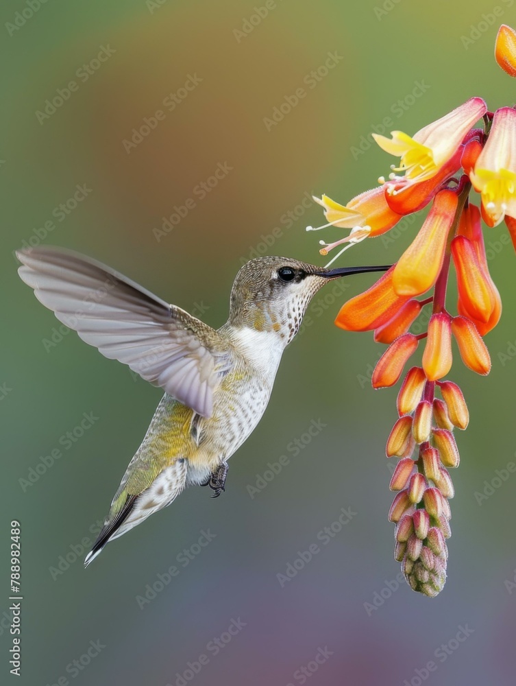 Fototapeta premium A hummingbird hovering over a flower with its beak open. Generative AI.
