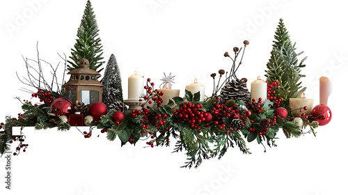  Christmas garland with red and white decorations isolated on transparent background