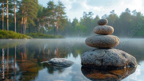 Find tranquility in this serene lake and forest background, adorned with a balanced stack of stones, offering space for mindfulness and relaxation.