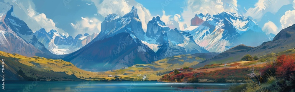 A painting of a mountain range with a lake in the foreground