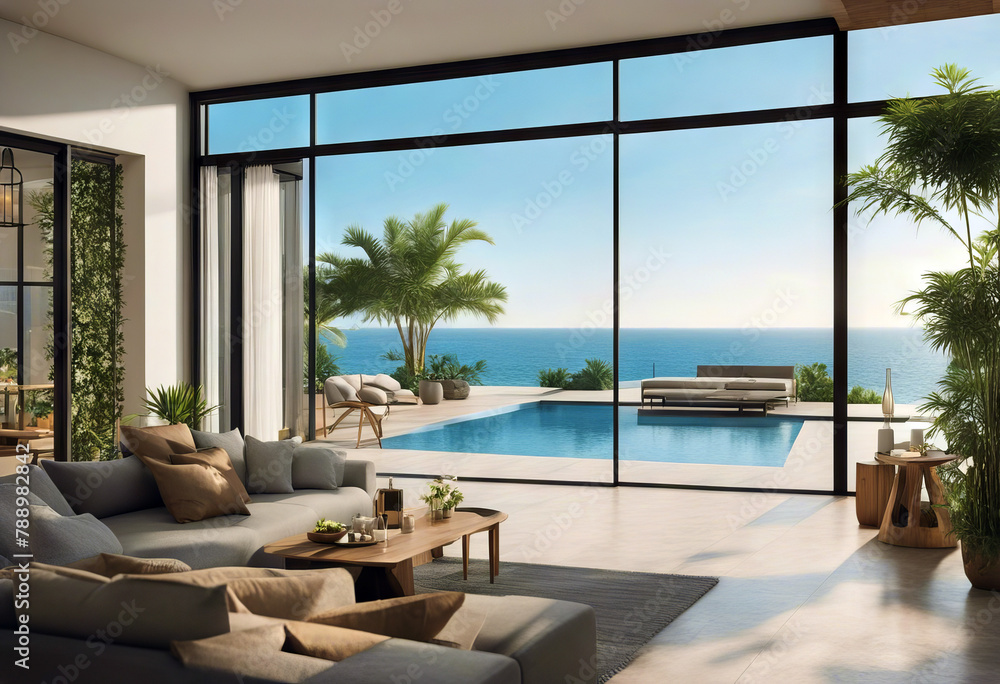 Fototapeta premium villa ning living home design swimming luxury terrace family pool room big view modern kitchen holiday Interior house 3d Sea Vacation beach