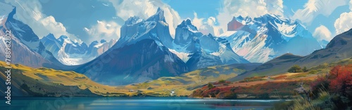 A painting of a mountain range with a lake in the foreground photo