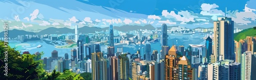 A cityscape with a large body of water in the background