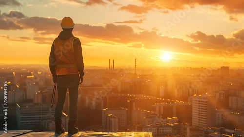 A roofer standing tall on a rooftop, admiring the cityscape view during a sunset with golden light