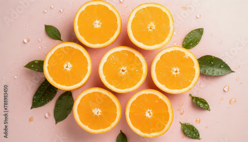 Top view photo of juicy orange slices and water drops on isolated light pink background