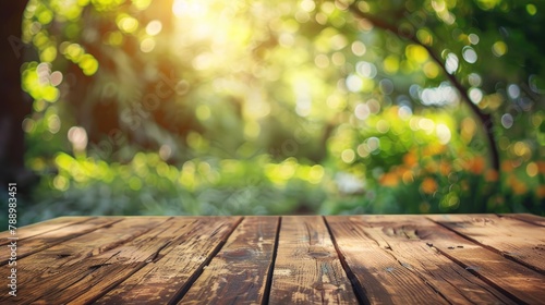 Wooden Garden Tabletop With Summer Blurred Background.