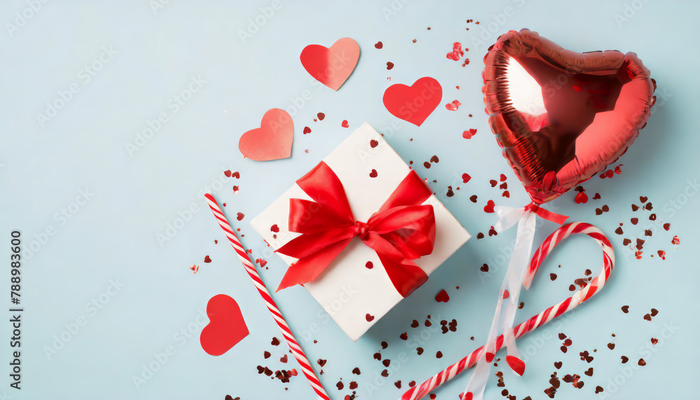 Top view photo of valentine's day decor giftbox with red bow straws adhesive tape heart shaped balloon confetti and sequins on isolated pastel blue background with copyspace

