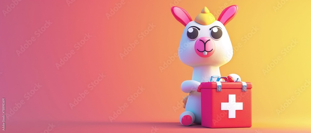 Fototapeta premium Cartoon llama character holding first aid box, eager to help, bright eyes, vibrant colors, cheerful background