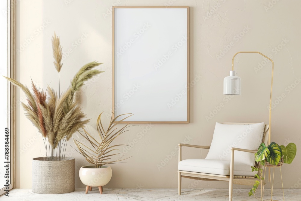 Scandinavian style living room with poster mockup created with generative ai Scandinavian style living room with poster mockup created with generative ai