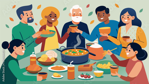 A warm and lively gathering where neighbors feast on a variety of homemade dishes from y curries to comforting casseroles.