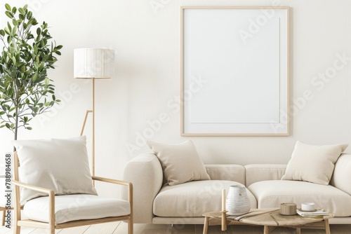 Scandinavian style living room with poster mockup created with generative ai