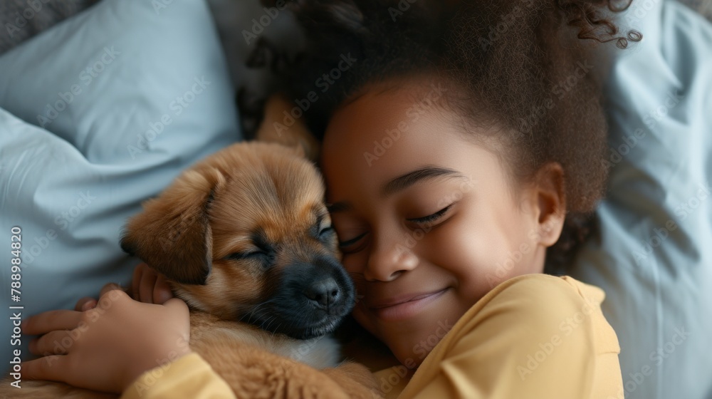 A little girl tenderly hugs her puppy and lies on the bed in a bright bedroom in the morning. Friendship concept between child and pet, copy space for text
A little girl tenderly hugs her puppy and lies on the bed in a bright bedroom in the morning. Friendship concept between child and pet, copy space for text