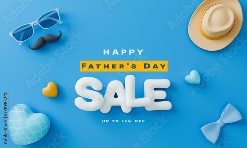 A blue background with a white font that says "Happy Father's Day Sale". There are several items on the background, including a hat, a tie, a pair of sunglasses, and a heart