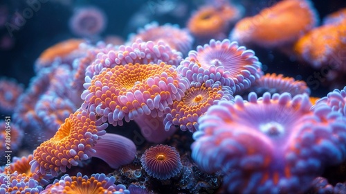 Close up under water photograph of a coral reef with colorful sea anemones