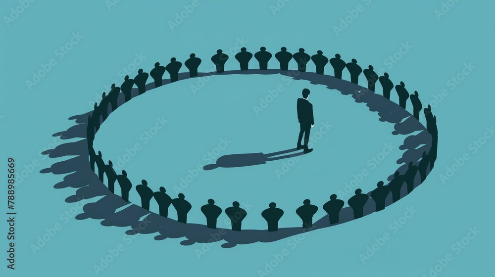 A lone figure distancing from a closed group circle, symbolizing ...