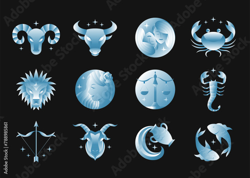 Zodiac signs set. Collection of monochrome gradient horoscope symbols, Astrological predictions. Modern vector illustration