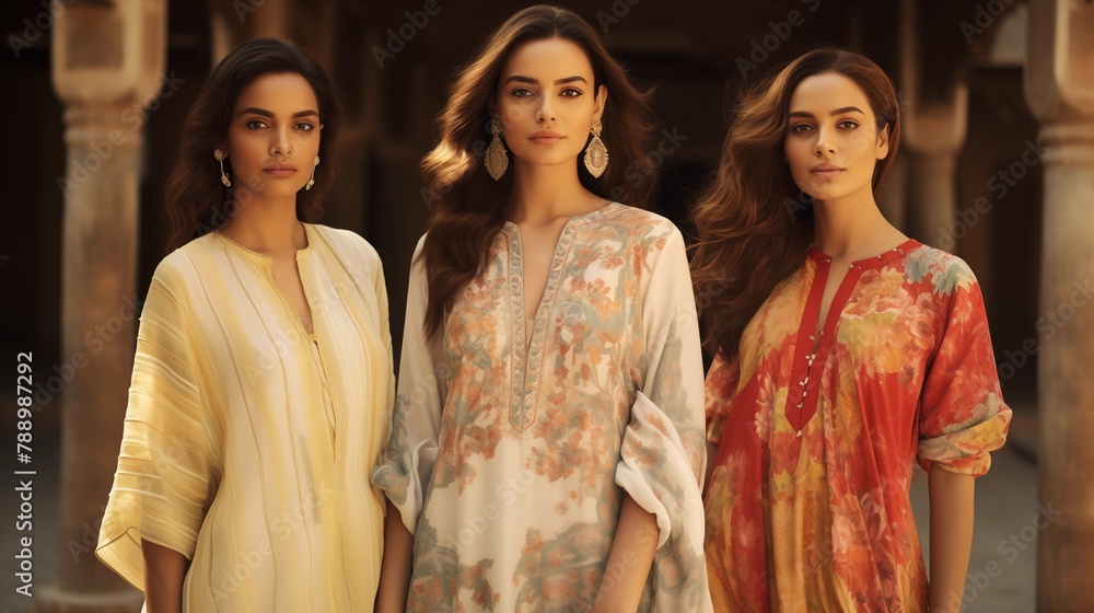 Stylish Eid ul-Adha ensembles featuring traditional prints and modern silhouettes in daylight