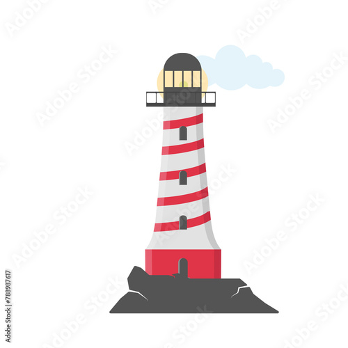 PNG, Large set of flat beacons. Lighthouses with clouds in flat design. Search towers with a searchlight beam for marine navigation of ships. Vector illustration