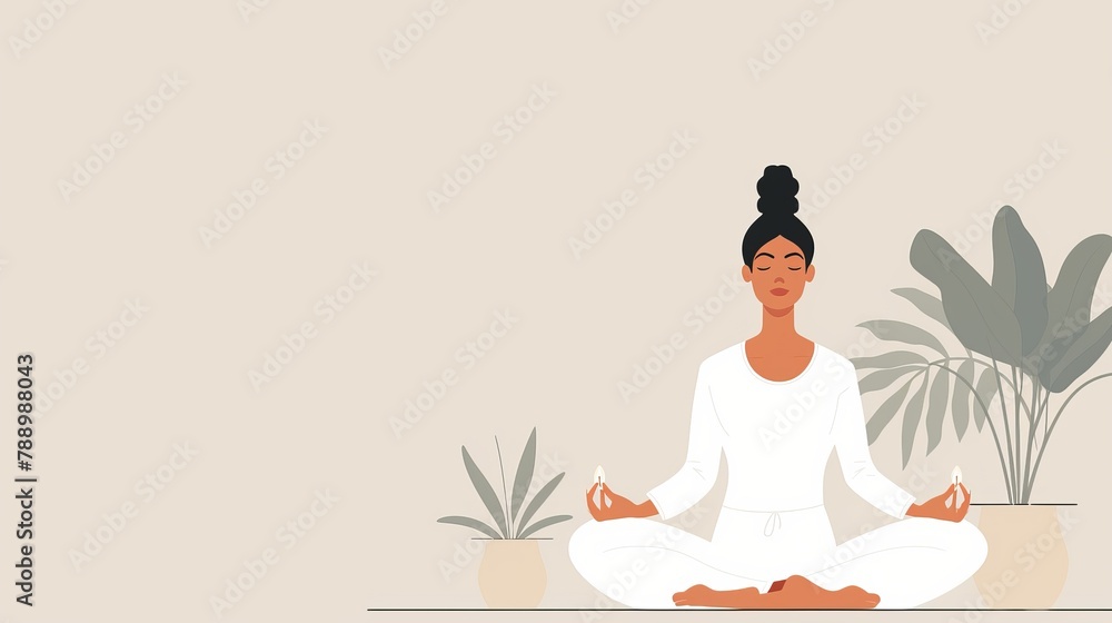 Illustration of a woman sitting in the lotus position and doing yoga on a light empty background. Concept of taking care of the body, sports, mental health, spiritual development and meditation
Illustration of a woman sitting in the lotus position and doing yoga on a light empty background. Concept of taking care of the body, sports, mental health, spiritual development and meditation