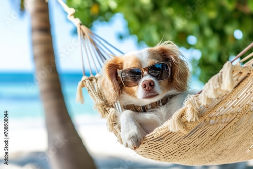 Cute dog in sunglasses lies relaxed in a hammock on the beach against the backdrop of the ocean sea on a sunny day, summer holiday concept, travel advertising 