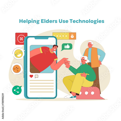 Intergenerational tech tutorial concept. Vector illustration