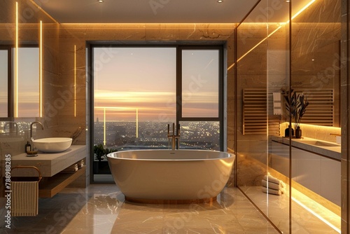 Modern hotel bathroom interior with bathtub and sink  panoramic window