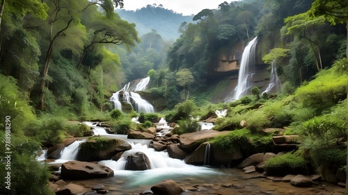 A vast cascade with a verdant woodland backdrop. landscape in nature. The trees are lush and green, and the water is pure. The setting is calm and serene. Doi Inthanon National Park has a waterfall. photo