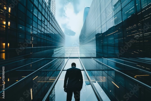 businessman standing tall with buildings photo