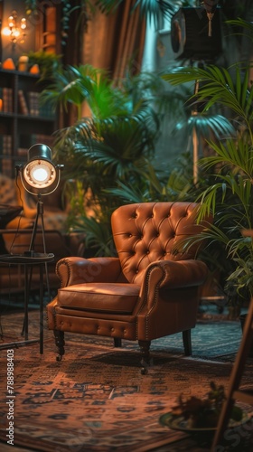 Blogger video shooting room with a large brown chair and a camera tripod in the middle of greenery  vertical 