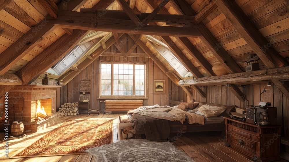Interior of a charming attic bedroom with a fireplace and wooden beams Interior of a charming attic bedroom with a fireplace and wooden beams