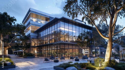 Contemporary office building with glass exterior and an outdoor terrace, 3d rendered